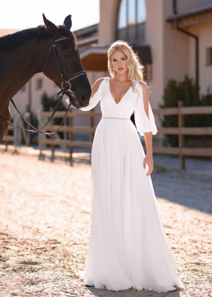 Beaded Ivory Pleated Chiffon V Back Simple Boho Wedding Dress